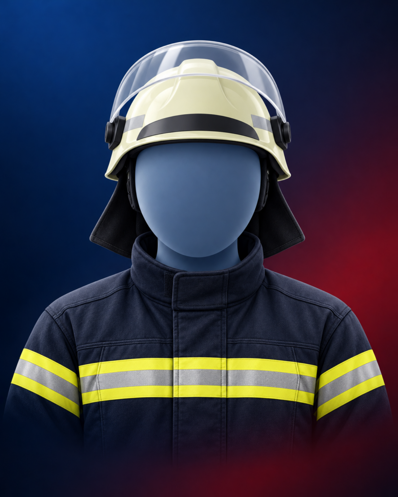 Feuerwehrmann stilistisch dargestellt mit Helm und Feuerwehrbekleidung